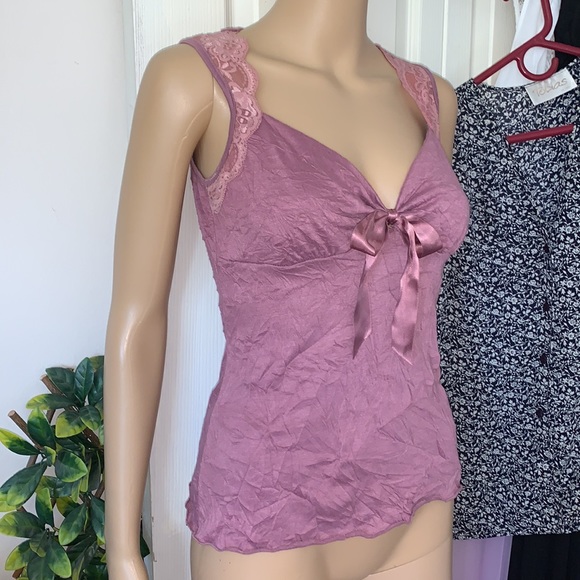 Dusty rose pink Lacey satin bow empire sleeveless tank top S M - Picture 7 of 12